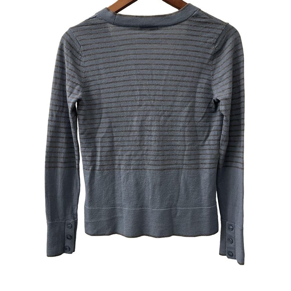 Halogen Cardigan Sweater V-Neck Merino Wool Blue Gray Stripes Women’s Size M - Picture 2 of 11